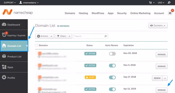 Verkkotunnuslista Namecheap-paneelissa