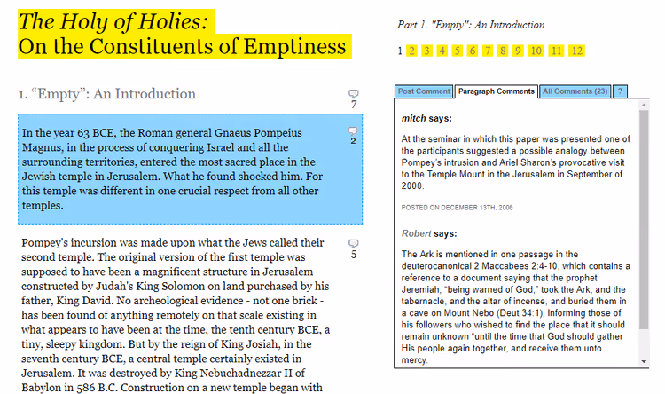 Example of line-by-line text discussion in CommentPress Core