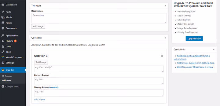 Example of completed quiz on WordPress site