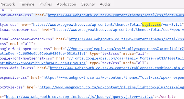 Пошук файлу style.css у коді сторінки для визначення теми WordPress