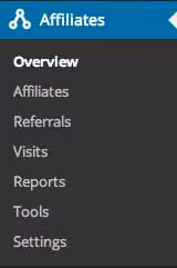 Menu des paramètres d'AffiliateWP dans l'administration WordPress