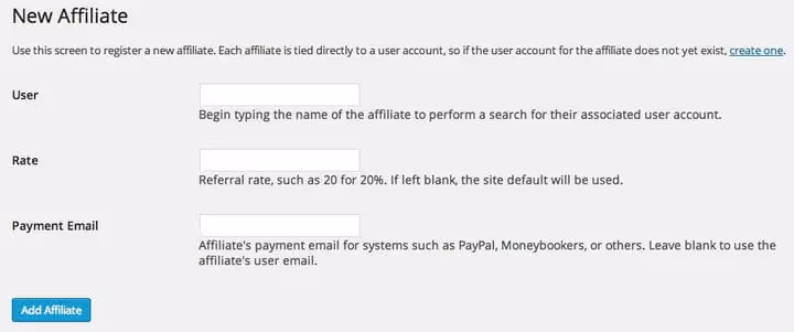 Formulaire d'ajout d'un nouvel affilié dans AffiliateWP