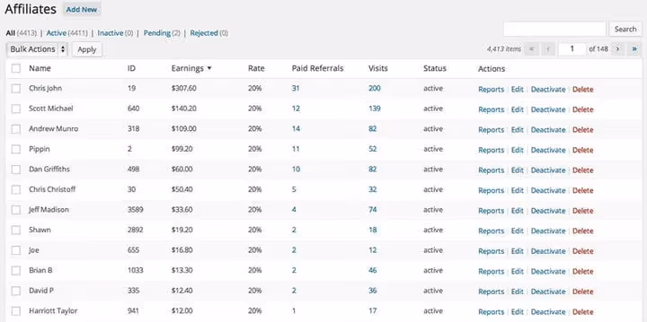 Liste des affiliés dans l'administration avec tri par gains