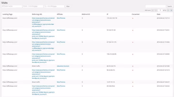 Page des visites avec URL source et IP de l'affilié