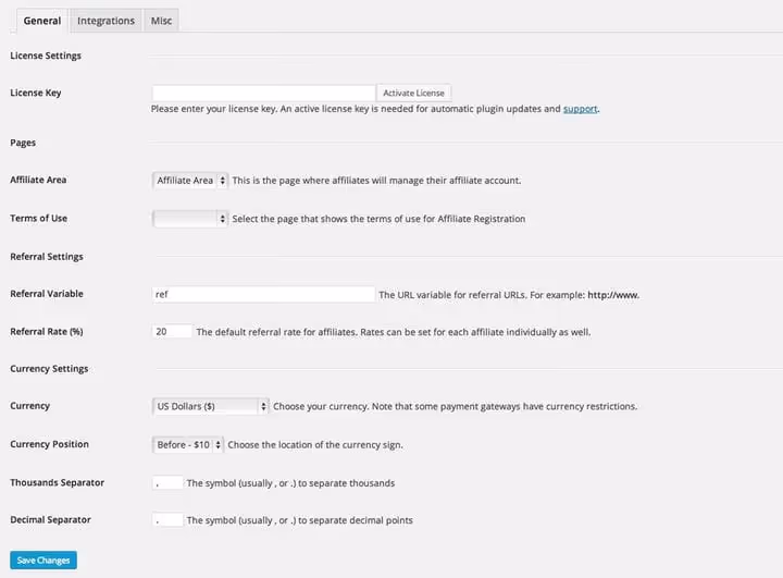 Paramètres généraux de l'extension : licence, pages, taux de commission