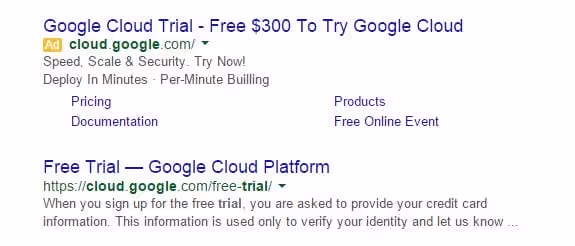 Resultado de pesquisa Google para período de avaliação de 300 dólares do Google Cloud