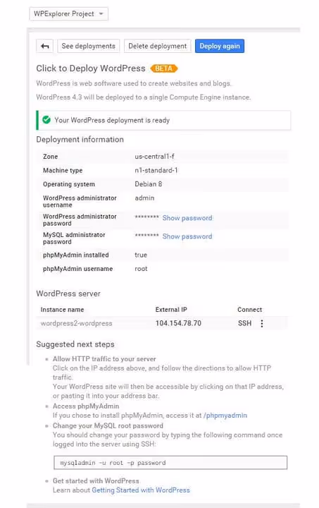 Credenciais de administrador do WordPress e MySQL após instalação