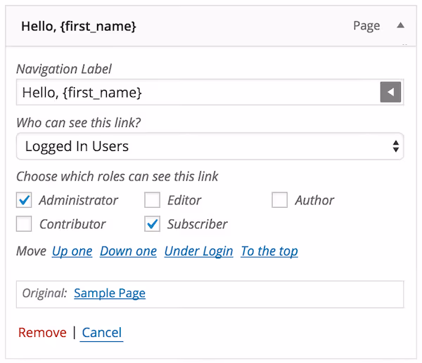 Inserting the username into the navigation menu via the User Menus plugin