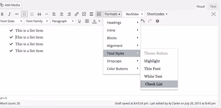 Exemplo de estilos personalizados no editor visual do WordPress