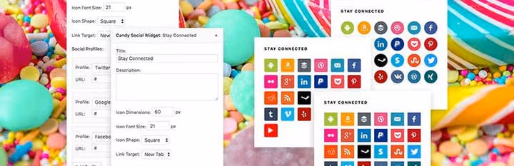 Candy Social widget-inställningar med dra-och-släpp-ikoner