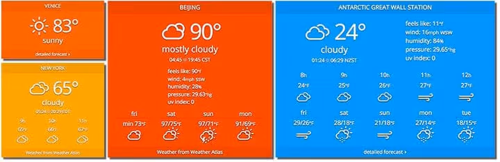 Weather Atlas väderwidget med ikoner och temperatur