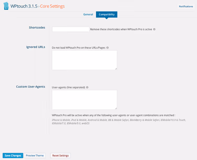 WPtouch Plugin Grundeinstellungen
