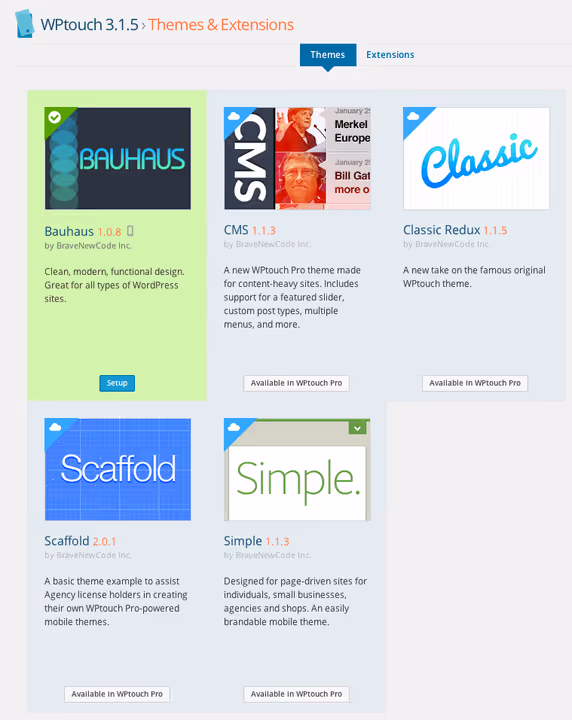 WPtouch Pro Theme-Galerie: Bauhaus, CMS, Stellar und andere