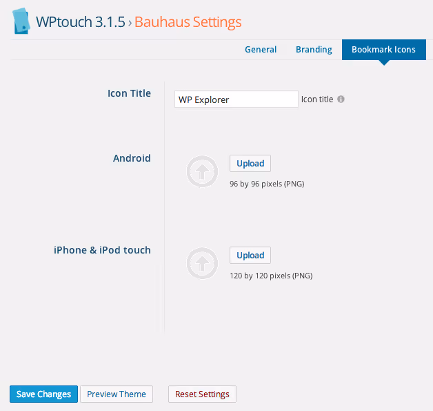 Hochladen von Android- und iOS-Lesezeichensymbolen in WPtouch
