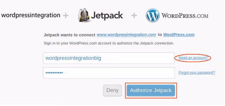 Page d'autorisation Jetpack pour se connecter à un compte WordPress.com