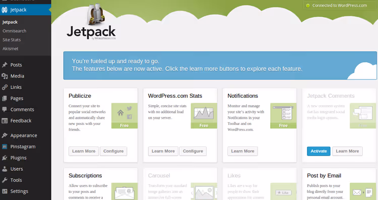 Page des paramètres des modules Jetpack après autorisation