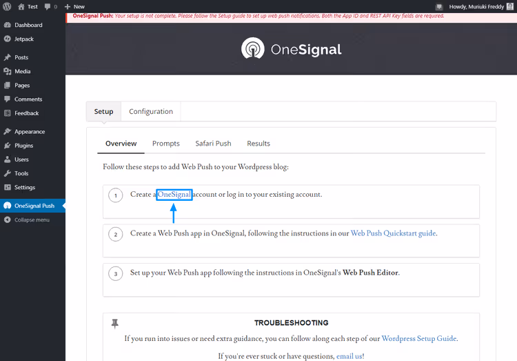 Link do strony OneSignal na karcie Setup