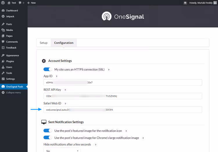 Pole Safari Web ID na karcie Configuration wtyczki OneSignal