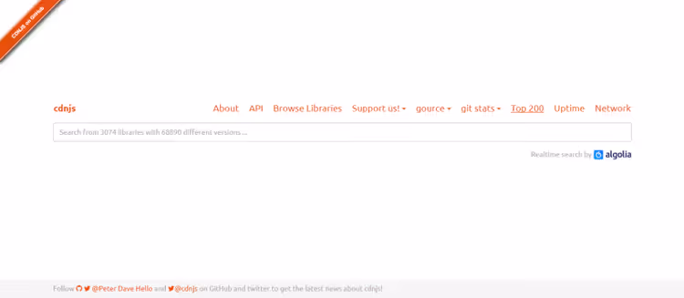 Strona główna CDNJS z wyszukiwarką bibliotek JavaScript