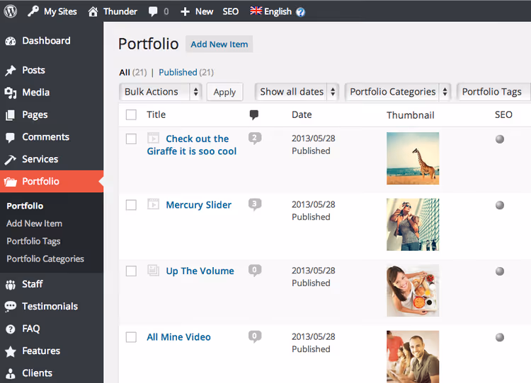 Ikona Dashicons dla typu wpisu Portfolio w menu WordPress