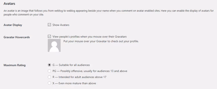 Avatar settings section in Settings → Discussion panel in WordPress