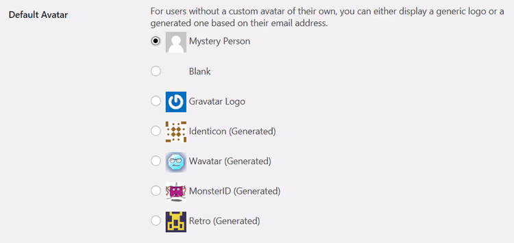 Default avatar options in WordPress discussion settings