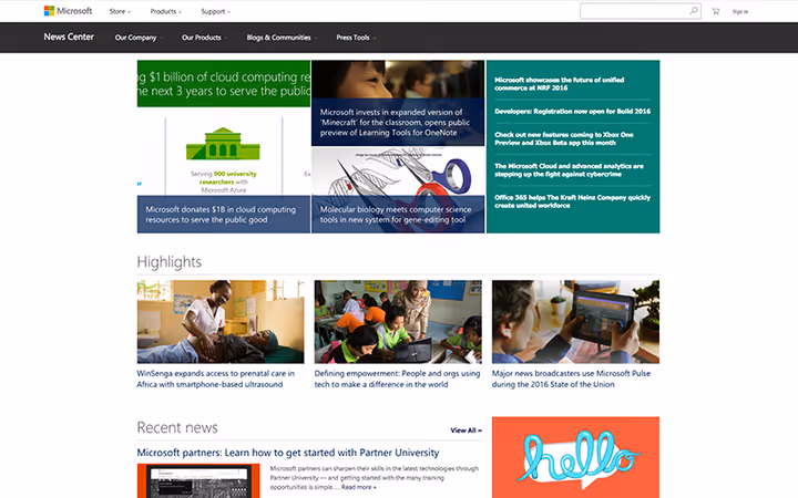 Microsoft News Center auf WordPress mit klarem Design