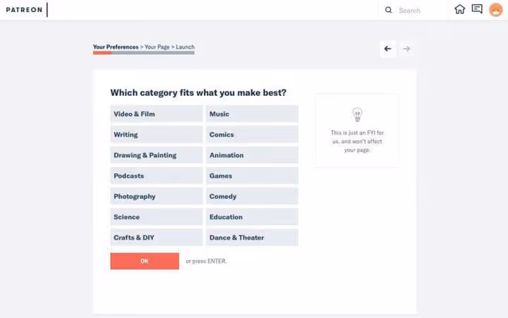 Patreon creator page setup wizard with profile settings