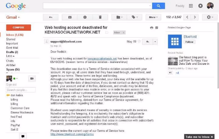 Notificación de hackeo del proveedor de hosting