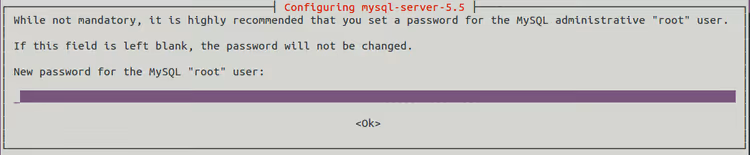 MySQL root-lösenordsfönster i Ubuntu-terminalen