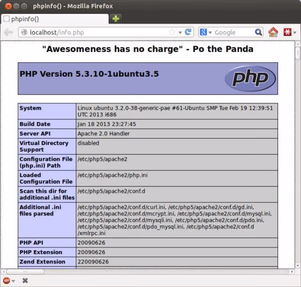phpinfo-sida som visar PHP-version och laddade moduler