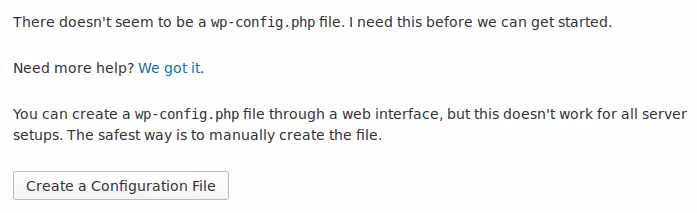 WordPress installationsstartskärm med knapp för att skapa konfigurationsfil
