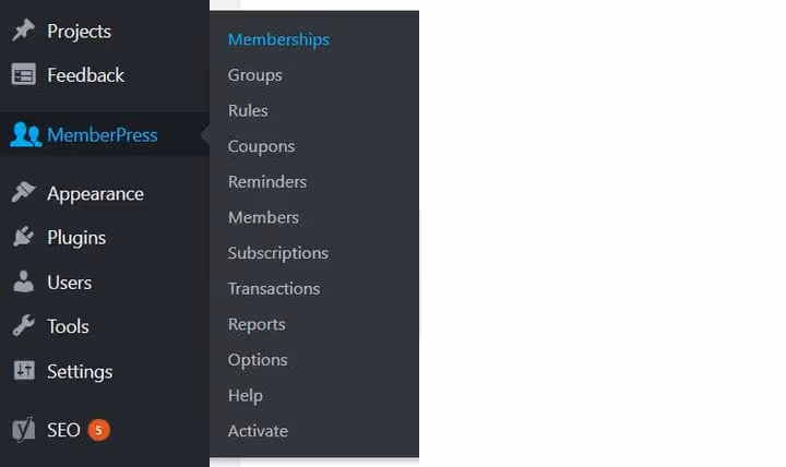 Пункт MemberPress у бічному меню WordPress