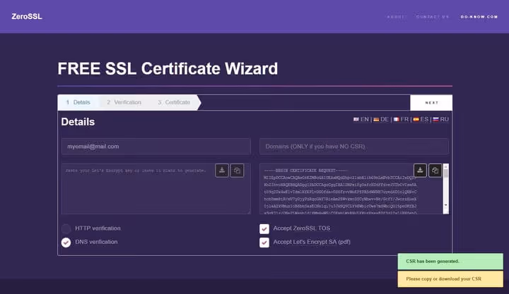 Domeeni ja e-posti sisestusvorm SSL-sertifikaadi genereerimiseks ZeroSSL-is