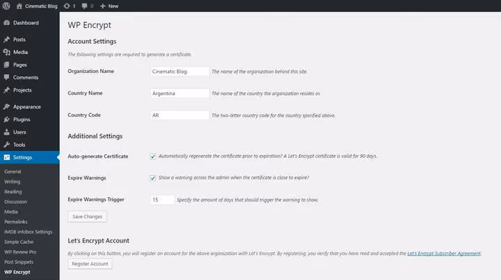 Saidi registreerimisvorm ja automaatse sertifikaadi väljastamise seaded WP Encryptionis