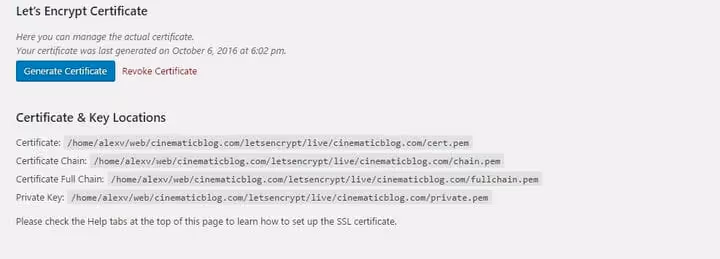 Loodud SSL-sertifikaadi failide asukohad WP Encryptioni liideses