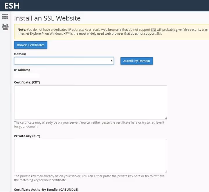 SSL-sertifikaadi üleslaadimisvorm CRT, KEY ja CABUNDLE väljadega cPane'is