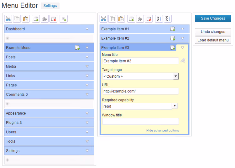 Admin Menu Editor dra-och-släpp-gränssnitt för adminmenyalternativ