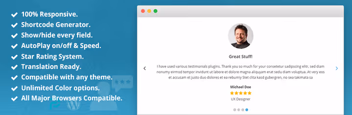 Real Testimonials anmeldelseskarusell på WordPress-nettsted