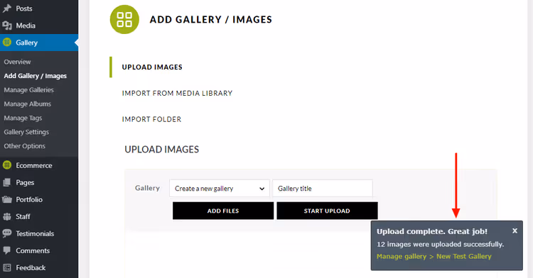Confirmation of successful image upload to the gallery