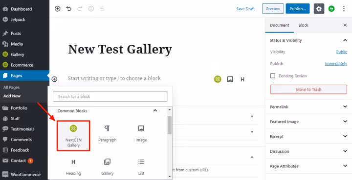 Selecting the NextGEN Gallery block in the WordPress editor