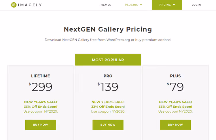 NextGEN Gallery pricing grid on the Imagely website
