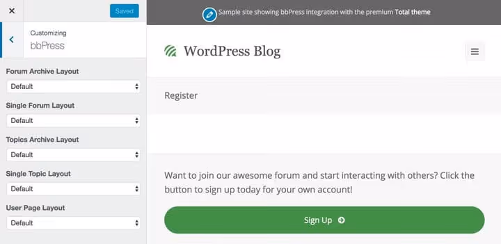 bbPress seadete paneel WordPressi teema kohandajas