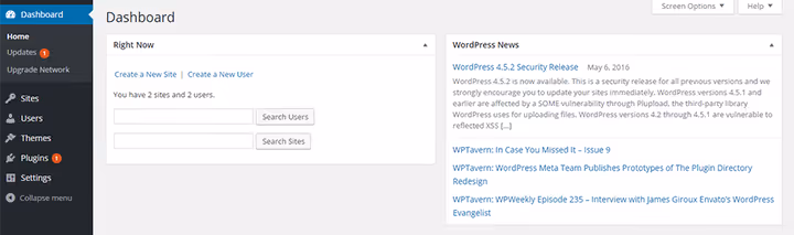 WordPress Multisite network admin panel with site list