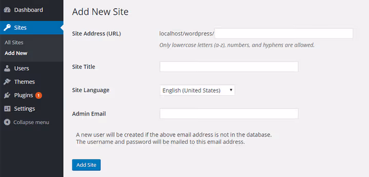 Form for adding a new site in the Network Admin panel