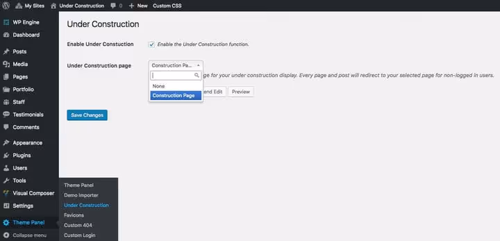 Activation de Under Construction dans les réglages du thème Total