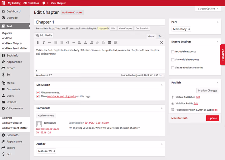 Interfaccia dell'editor dei capitoli di PressBooks con metadati
