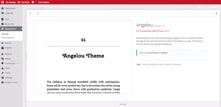 Opzioni del tema di design del libro di PressBooks