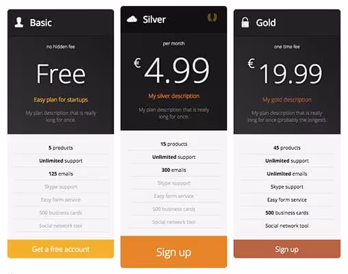 WPDarko Responsive Pricing Table plugin ikoonivalikuga