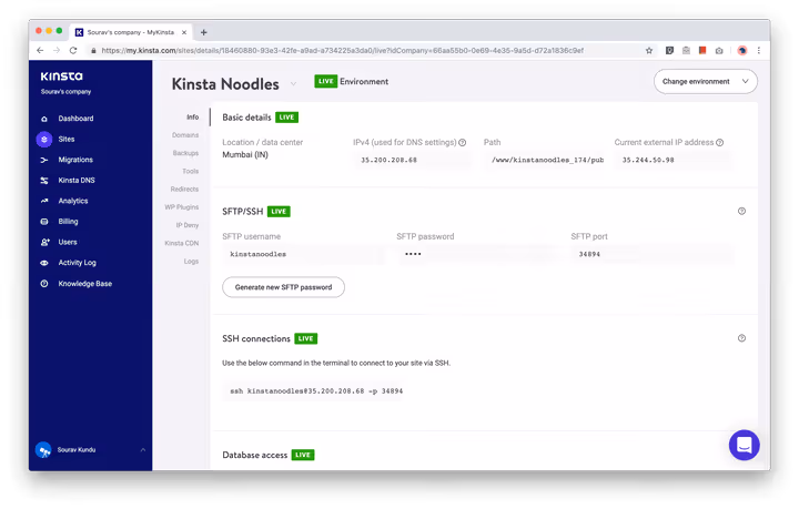Modulo gestione siti nel pannello MyKinsta